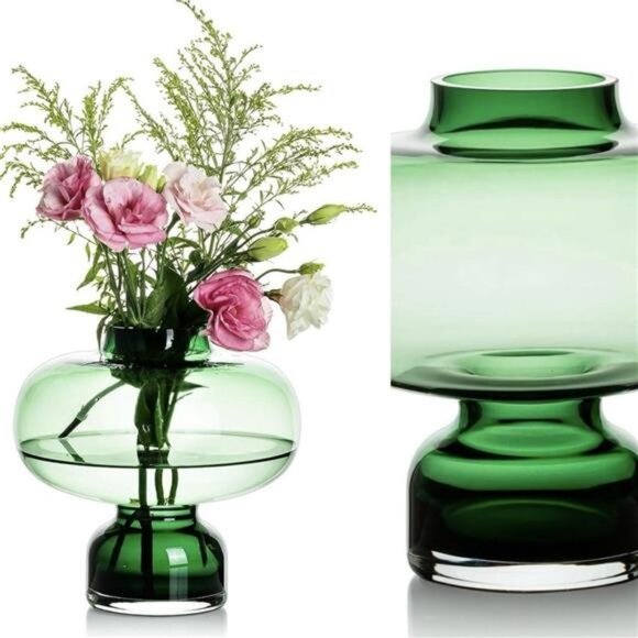 NEW Anthro Large Green Glass Asymmetrical Boho Art Deco Flower Vase Decor - 8" - Picture 1 of 9
